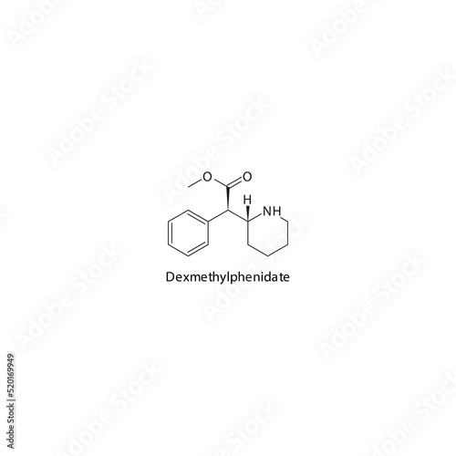 Dexmethylphenidate molecule flat skeletal structure, psychostimulant, amphetamine -  class drug used in ADHD treatment. Vector illustration on white background.