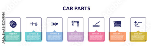 car parts concept infographic design template. included car disc brake, car sump, horn, torsion bar, handbrake, glove compartment, towbar icons and 7 option or steps.