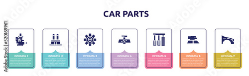 car parts concept infographic design template. included car choke, car distributor cap, sprocket, rear-view mirror, accelerator, roof, fender (us, canadian) icons and 7 option or steps.