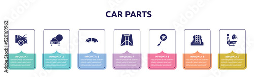 car parts concept infographic design template. included car boot, car lock, brake pad, hood, crank, cowl, air bag icons and 7 option or steps.