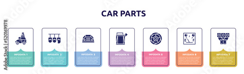 car parts concept infographic design template. included car luggage rack, car pedal, parcel shelf, petrol tank, tyre, petrol gauge, manifold icons and 7 option or steps.