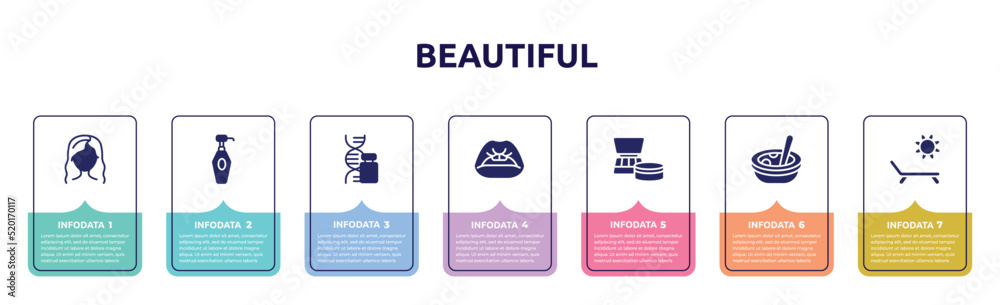 beautiful concept infographic design template. included modern haicut, lotion bottle, gene, women lips, cosmetics products, soup, sun and deck chair icons and 7 option or steps.