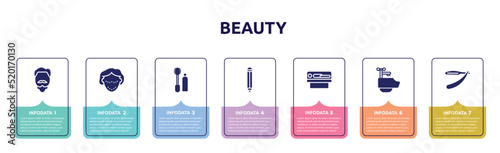 beauty concept infographic design template. included man with goatbeard, botox, flanges mascara, eye pencil, solarium, hair washing sink, barber knife icons and 7 option or steps.