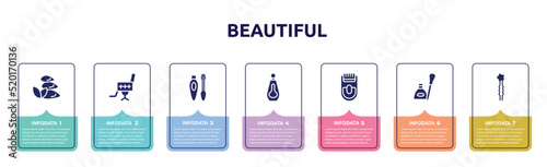 beautiful concept infographic design template. included three stones, beauty salon chair, eyes mascara, big perfume bottle, epilador, eye, two hairpins icons and 7 option or steps.