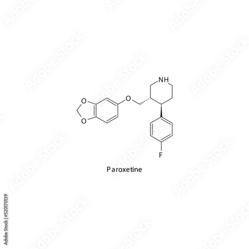 Paroxetine molecule flat skeletal structure, SSRI - Selective serotonin reuptake inhibitor class drug used in depression treatment. Vector illustration on white background.