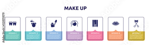 make up concept infographic design template. included braces, hair transplant, nail color, curling hair, infrared, lip, eyelashes curler icons and 7 option or steps.