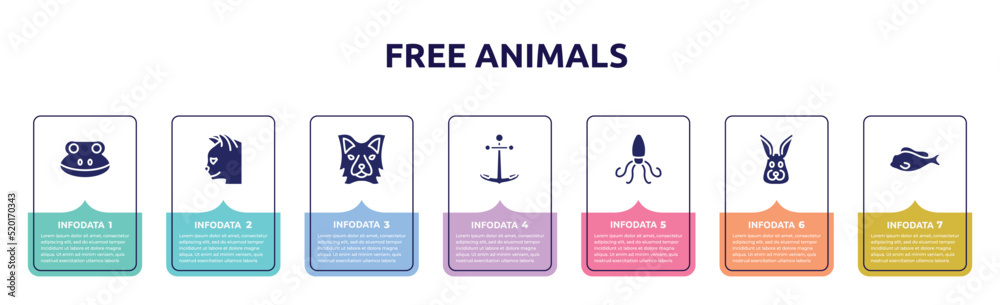 free animals concept infographic design template. included frog head, cat head, border collie head, boat anchor, giant squid, rabbit tropical fish icons and 7 option or steps. free animals concept infographic design template. included frog head, cat head, border collie head, boat anchor, giant squid, rabbit tropical fish icons and 7 option or steps.