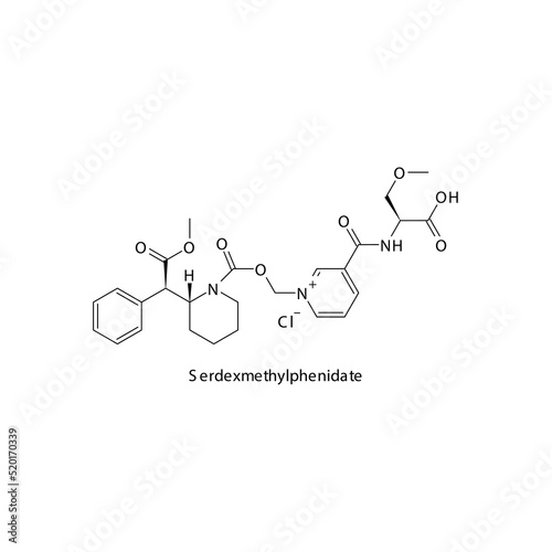 Serdexmethylphenidate molecule flat skeletal structure, Psychostimulant, amphetamine -  class drug used in ADHD treatment. Vector illustration on white background.
