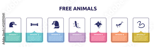 free animals concept infographic design template. included duck head, dog bone, eagle head, curved lizard, stingray with long tail, grasshopper sitting, earth worm icons and 7 option or steps.