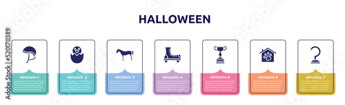 halloween concept infographic design template. included jockey hat, bird in broken egg, horse black side shape, roller skate, horses races trophy, pet hotel, hook icons and 7 option or steps.