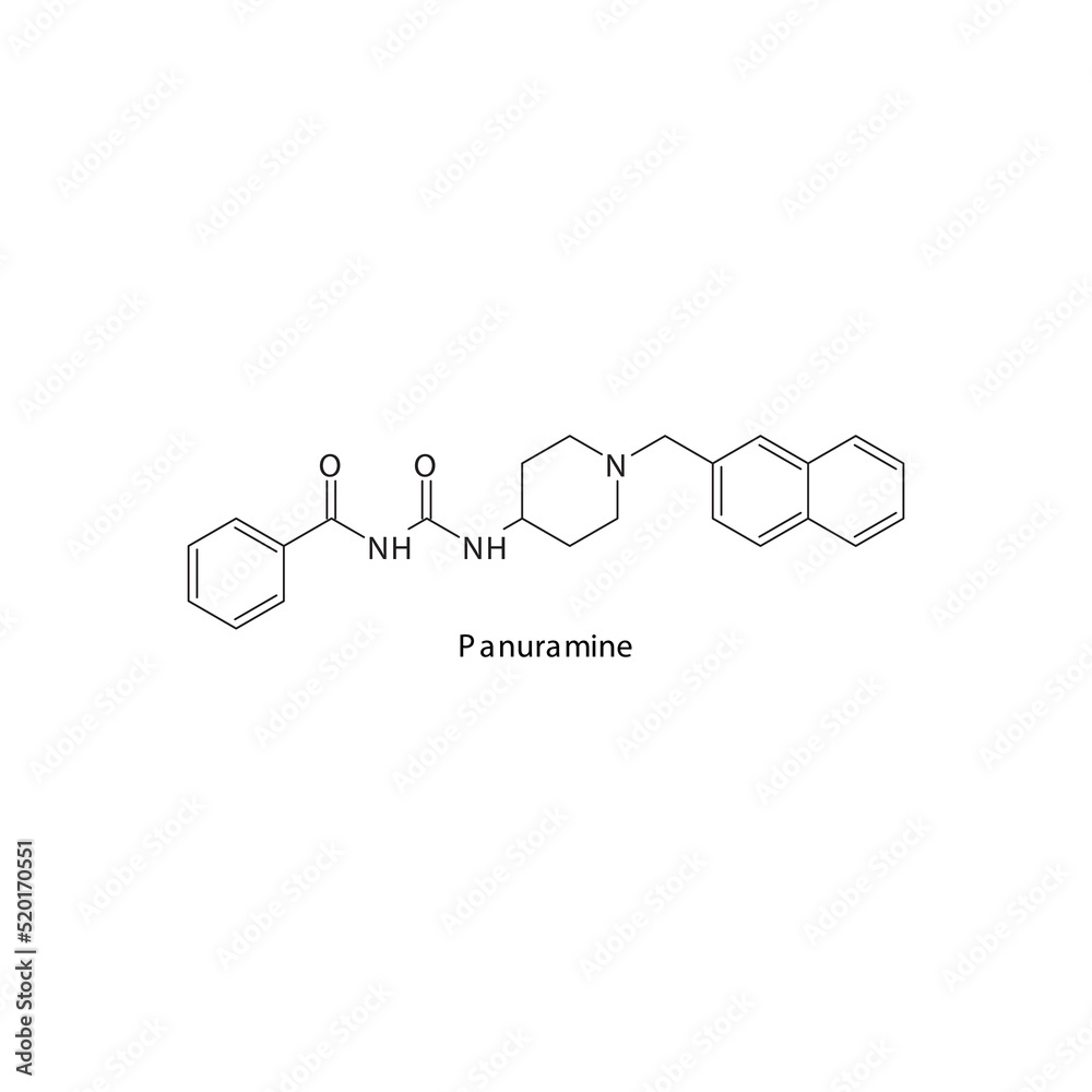 Panuramine molecule flat skeletal structure, SSRI - Selective serotonin reuptake inhibitor class drug used in depression treatment. Vector illustration on white background. Panuramine molecule flat skeletal structure, SSRI - Selective serotonin reuptake inhibitor class drug used in depression treatment. Vector illustration on white background.