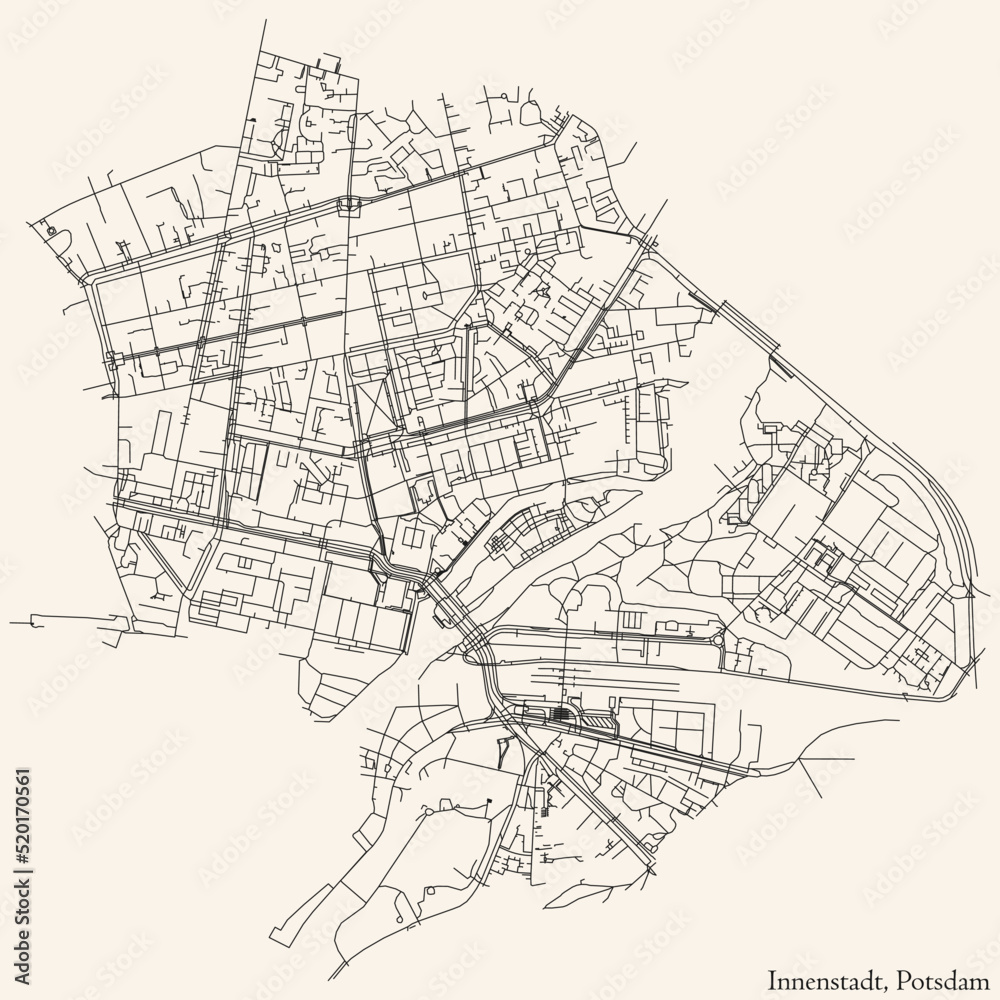 Detailed navigation black lines urban street roads map of the INNENSTADT BOROUGH of the German regional capital city of Potsdam, Germany on vintage beige background