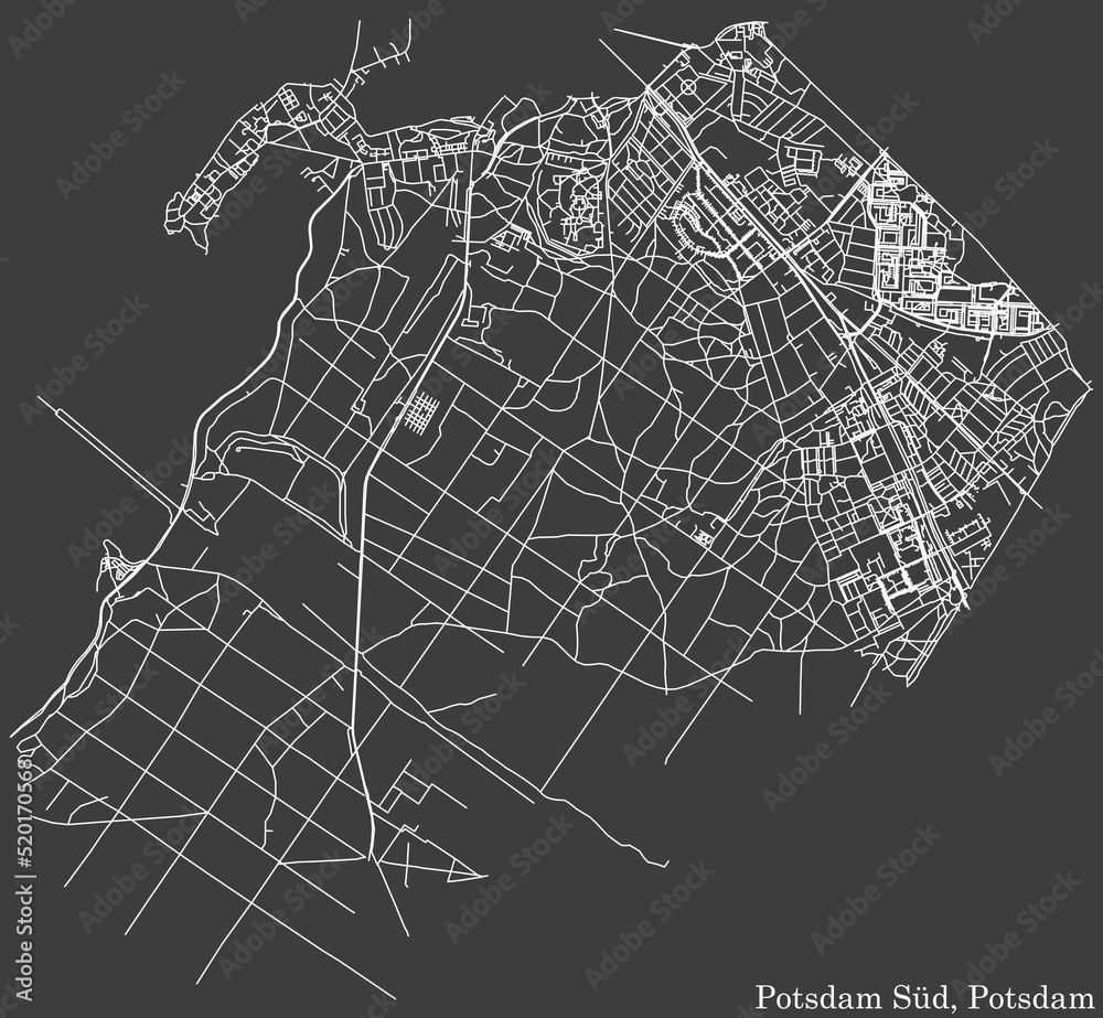 Detailed negative navigation white lines urban street roads map of the POTSDAM SÜD BOROUGH of the German regional capital city of Potsdam, Germany on dark gray background