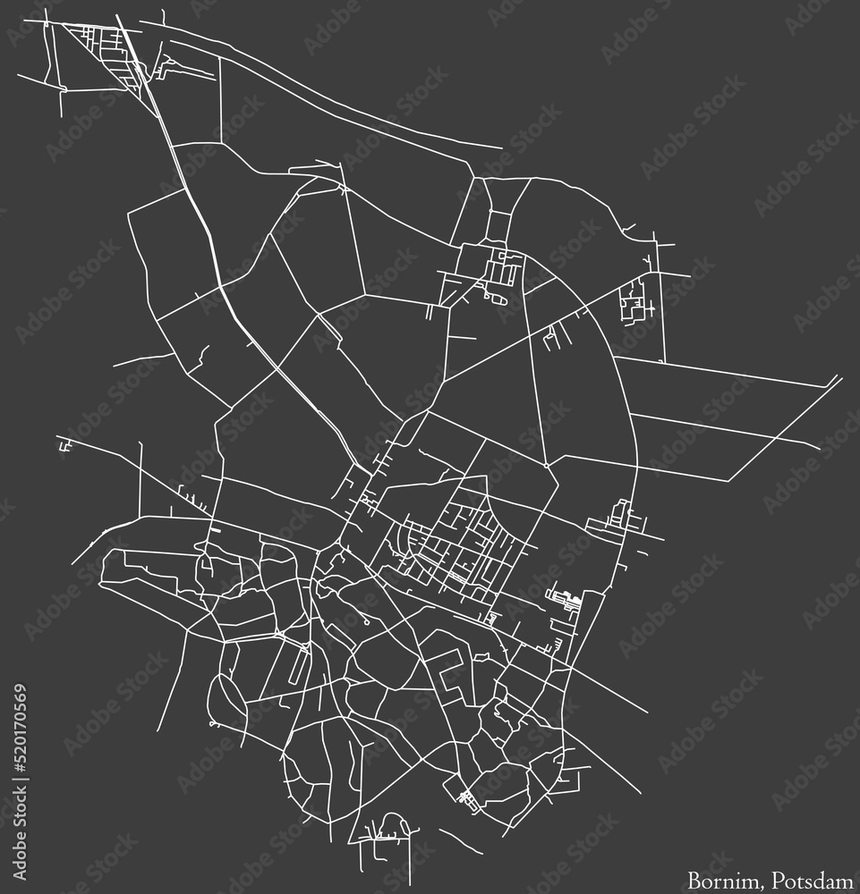 Detailed negative navigation white lines urban street roads map of the BORNIM DISTRICT of the German regional capital city of Potsdam, Germany on dark gray background
