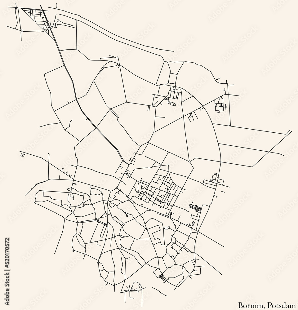 Detailed navigation black lines urban street roads map of the BORNIM DISTRICT of the German regional capital city of Potsdam, Germany on vintage beige background