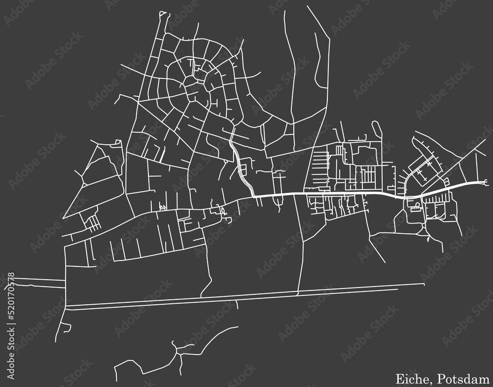 Detailed negative navigation white lines urban street roads map of the EICHE DISTRICT of the German regional capital city of Potsdam, Germany on dark gray background