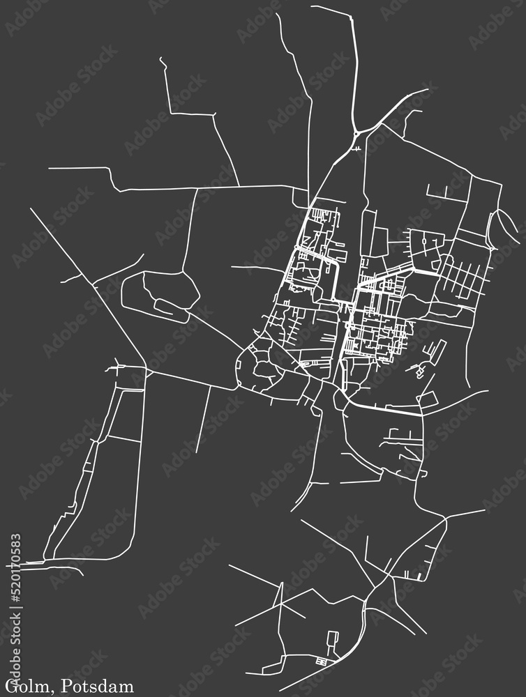 Detailed negative navigation white lines urban street roads map of the GOLM DISTRICT of the German regional capital city of Potsdam, Germany on dark gray background