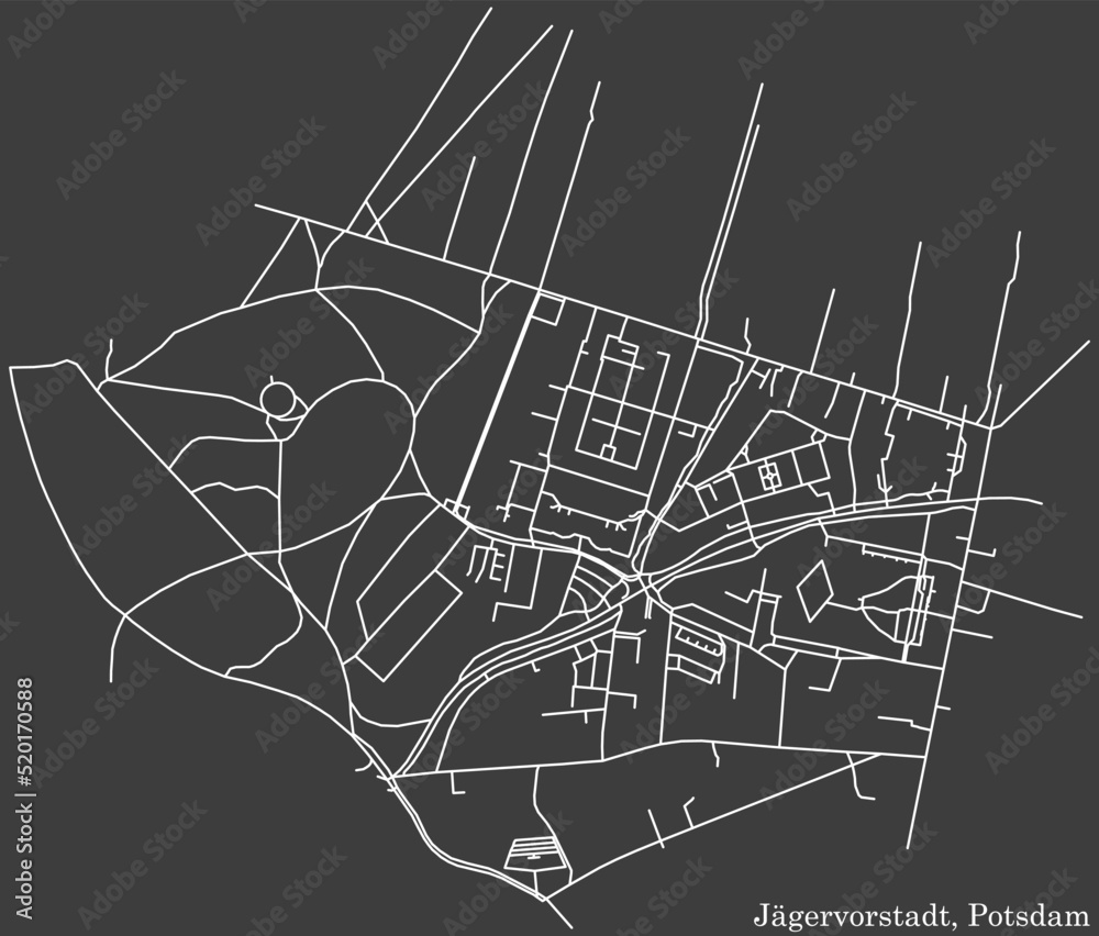 Detailed negative navigation white lines urban street roads map of the JÄGERVORSTADT DISTRICT of the German regional capital city of Potsdam, Germany on dark gray background