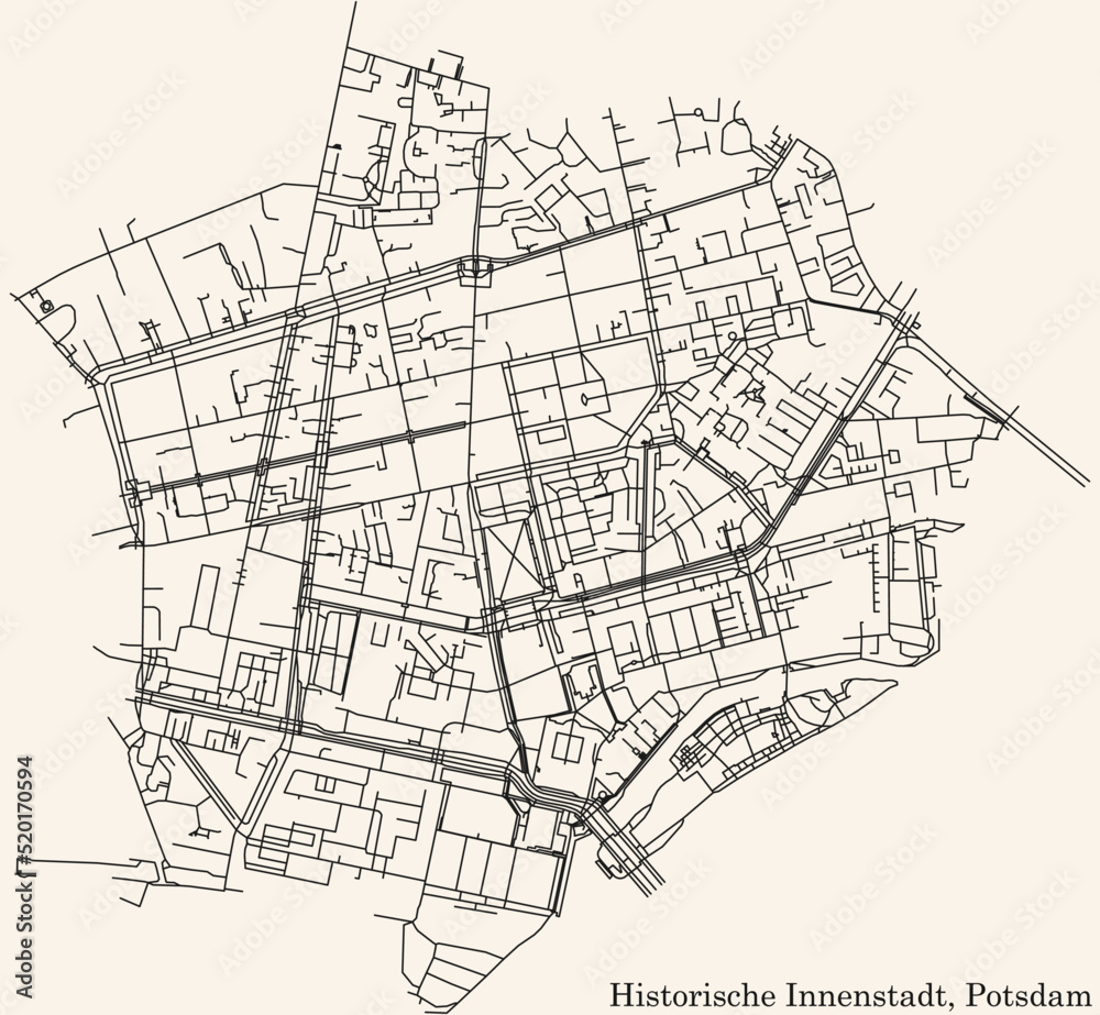 Detailed navigation black lines urban street roads map of the HISTORISCHE INNENSTADT DISTRICT of the German regional capital city of Potsdam, Germany on vintage beige background