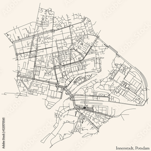 Detailed navigation black lines urban street roads map of the INNENSTADT BOROUGH of the German regional capital city of Potsdam, Germany on vintage beige background