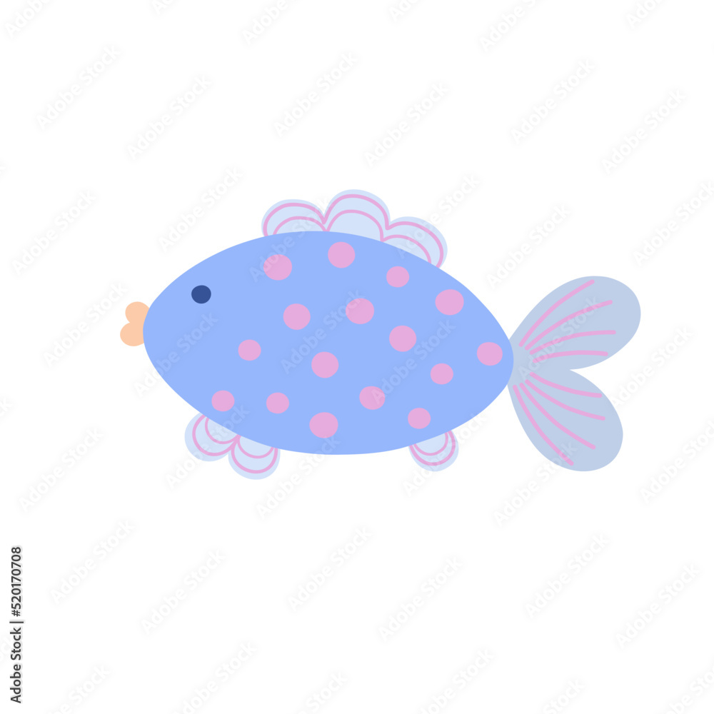 Cute fish sea or river creature simple flat style doodle vector illustration, underwater cartoon character, marine life clipart for poster, nursery room decor, home design