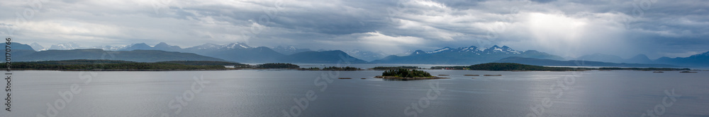 Panorama view of the landscape near Molde Møre og Romsdal at Sunnylvsfjorden near Geirangerfjorden in Norway (Norwegen, Norge or Noreg)