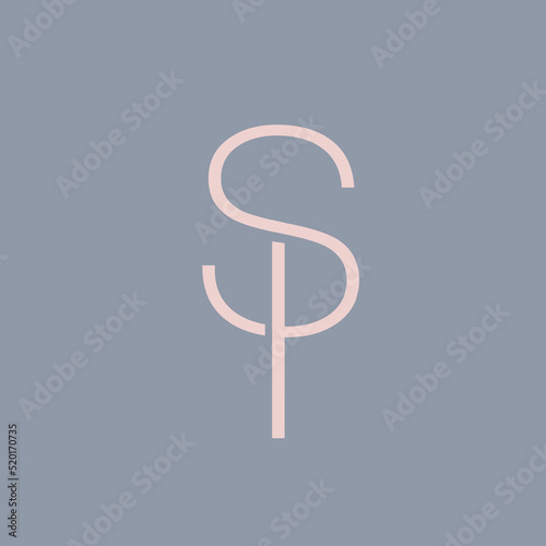 SP, PS monogram logo. Intertwined letter p, letter s icon. Alphabet initials isolated on gray fund. Uppercase lettering sign. Deco design, calligraphic style characters. Elegant typography.	