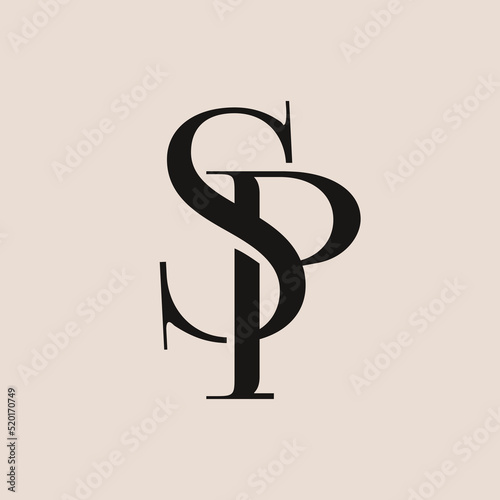 SP monogram logo. Intertwined letter p, letter s icon. Alphabet initials isolated on light fund. Uppercase lettering sign. Decorative design, calligraphic style characters. Elegant serif typography.	