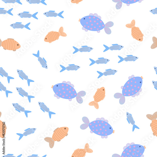 Cute fish sea or river creatures seamless pattern simple flat style doodle vector illustration, underwater cartoon marine life repeat ornament for textile, nursery room decor, home design © Contes de fée 