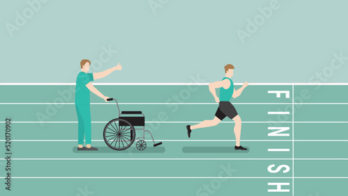 ฤthlete patient hospitalization, treatment, physical medicine, rehabilitation and medical. Running Sportsman cure from injury with cheerful doctor, physical therapist. Aim to goal finish line track.