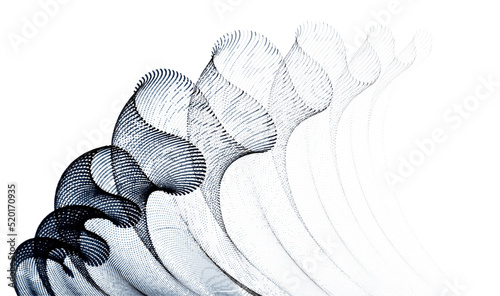 Dynamic particles sound wave flowing, transparent tulle textile on wind. Dotted curves vector abstract background. Beautiful 3d wave shaped array of blended points.