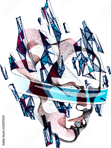 Technological time Spirit vector visualization in shape of human head made of dotted particles array flow in curve shapes, vector futuristic illustration.