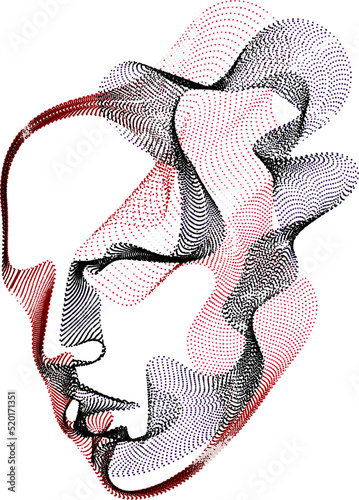 Beautiful futuristic illustration of human head made of dotted particles flow array, wavy shapes lines vector electronic soul of futuristic smart machines.