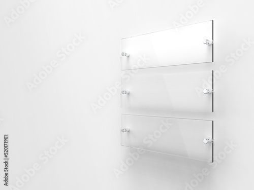 Three blank transparent glass interior corporate signage plates Mock up template, Clear boards for branding, logo. Transparent acrylic advertising signboards mock-up side view. 3D rendering