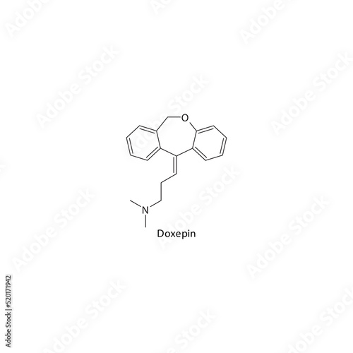 Doxepin molecule flat skeletal structure, TCA - Tricyclic antidepressant class drug used in depression treatment. Vector illustration on white background.