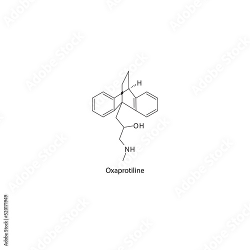 Oxaprotiline molecule flat skeletal structure  TeCA - Tetracyclic antidepressant class drug used in depression treatment. Vector illustration on white background.
