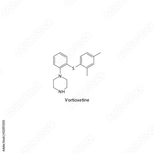 Vortioxetine molecule flat skeletal structure, SARI - Selective serotonin reuptake inhibitor. Vector illustration on white background.