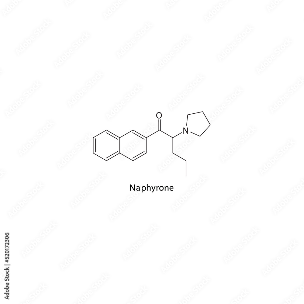 Naphyrone molecule flat skeletal structure, SNDRI - Serotonin norepinephrine dopamine reuptake inhibitor. Vector illustration on white background. Naphyrone molecule flat skeletal structure, SNDRI - Serotonin norepinephrine dopamine reuptake inhibitor. Vector illustration on white background.