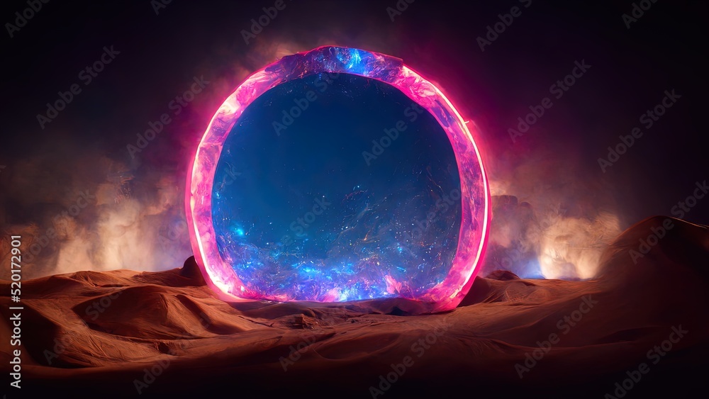 Magical portal, fantastic teleport to an alien planet, an entrance to parallel world glowing plasma octane render, photorealistic. Magical portal, a fantastic teleport to an alien planet. 3D artwork - obrazy, fototapety, plakaty 