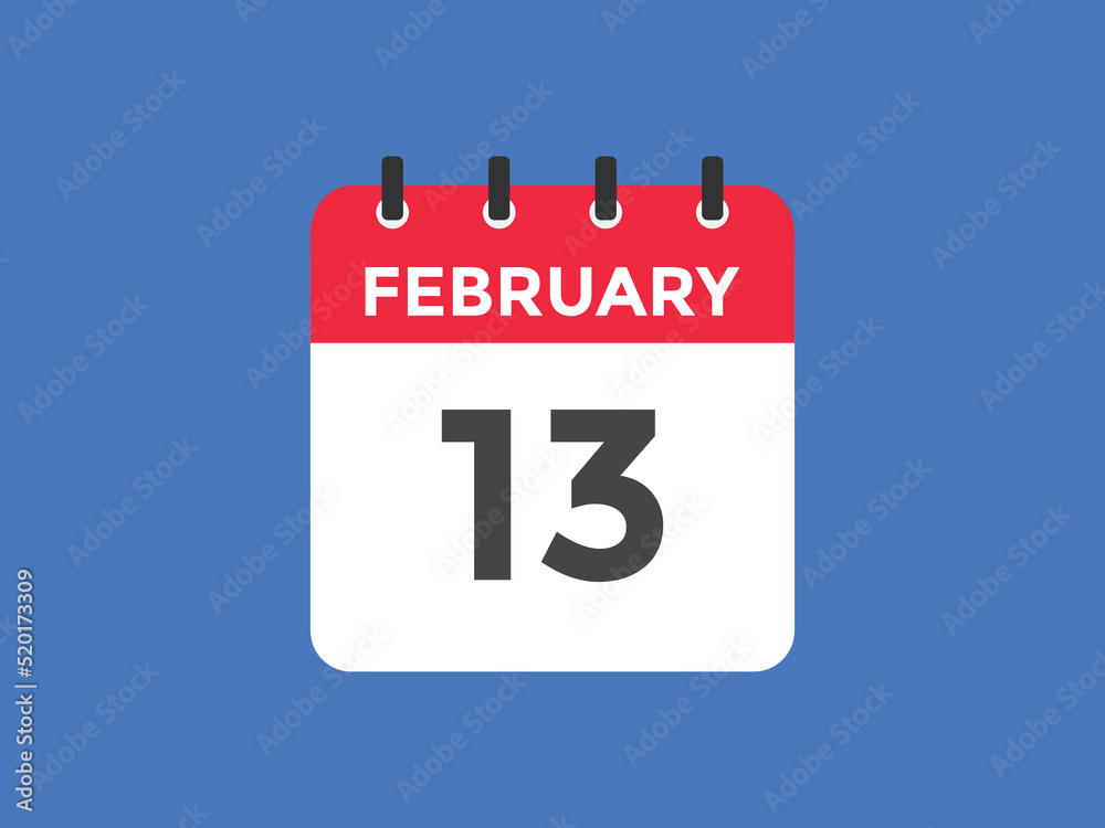 February 13 calendar reminder. 13th February daily calendar icon template. Vector illustration
February 13 calendar reminder. 13th February daily calendar icon template. Vector illustration