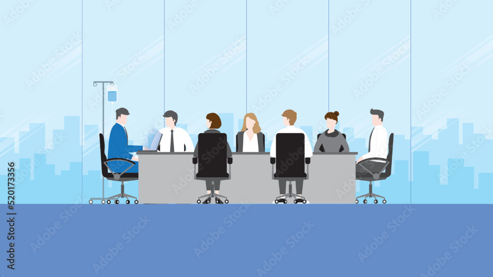 Fototapeta premium A sick businessman working in an office meeting room with a saline solution medical drip bag. Boss, employee, patient, work hard, tired, overwork, overload, project, illness, and workaholic concept.