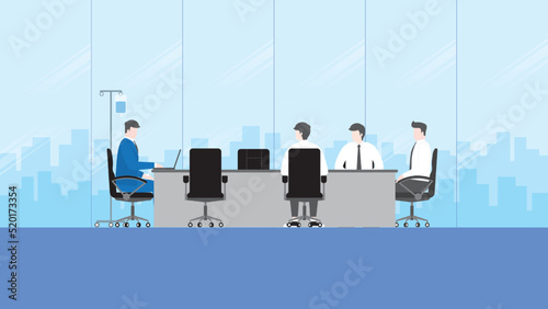A sick businessman working in an office meeting room with a saline solution medical drip bag. Boss, employee, patient, work hard, tired, overwork, overload, project, illness, and workaholic concept.