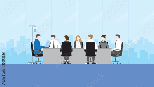 A sick businessman working in an office meeting room with a saline solution medical drip bag. Boss, employee, patient, work hard, tired, overwork, overload, project, illness, and workaholic concept.