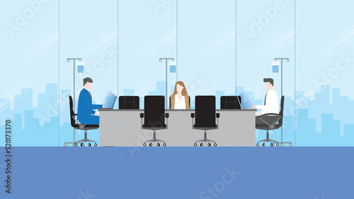 Sick business people working in an office meeting room with a saline solution medical drip bag. Boss, employee, patient, work hard, tired, overwork, overload, project, illness, and workaholic concept.