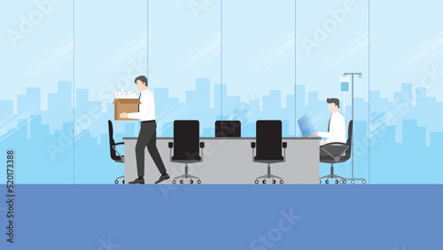 Fired and losing a job, unemployment, economic and financial crisis, jobless, lay off concept. An employee holds a box leaving an office meeting room. Sick working by saline solution medical drip bag.