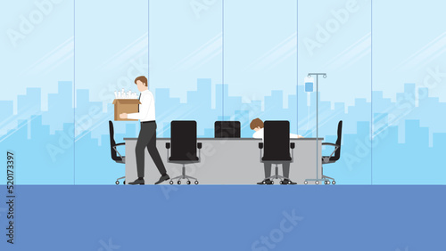 Fired and losing a job, unemployment, economic and financial crisis, jobless, lay off concept. An employee holds a box leaving an office meeting room. Sick working by saline solution medical drip bag.