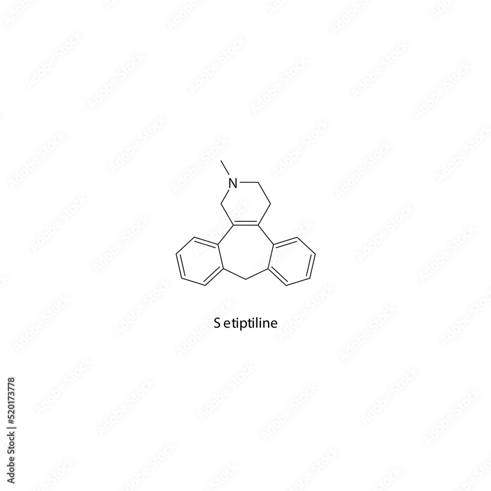 Setiptiline molecule flat skeletal structure, TeCA - Tetracyclic antidepressant class drug used in depression treatment. Vector illustration on white background. Setiptiline molecule flat skeletal structure, TeCA - Tetracyclic antidepressant class drug used in depression treatment. Vector illustration on white background.
