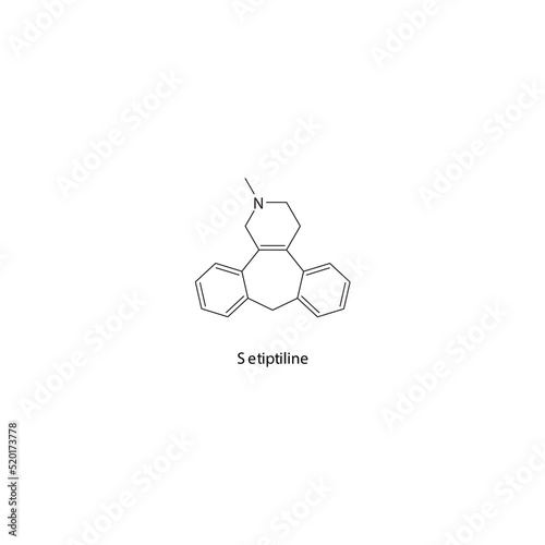 Setiptiline molecule flat skeletal structure, TeCA - Tetracyclic antidepressant class drug used in depression treatment. Vector illustration on white background.