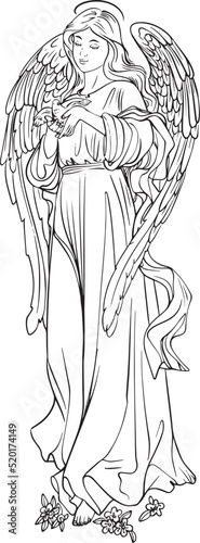 Holy virgin with a dove with angel wings adults coloring book hand vector
