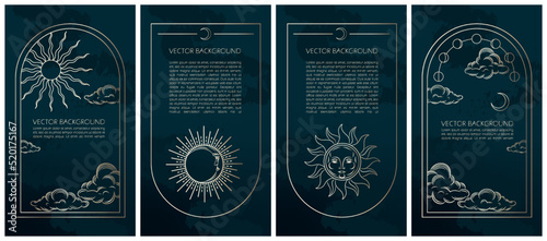 Set of golden celestial mysterious vector illustrations for stories templates, mobile app, landing page, web design, posters. Occult magic background for astrology, fortune telling, tarot concept. 